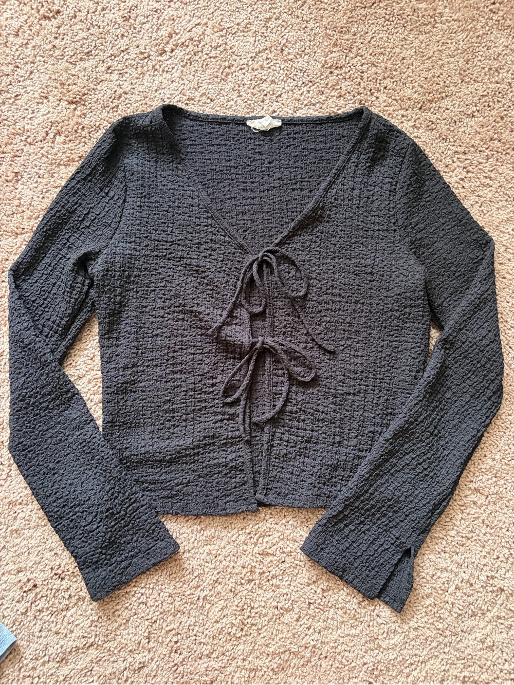 Black Textured Tie-Front Long Sleeve Top